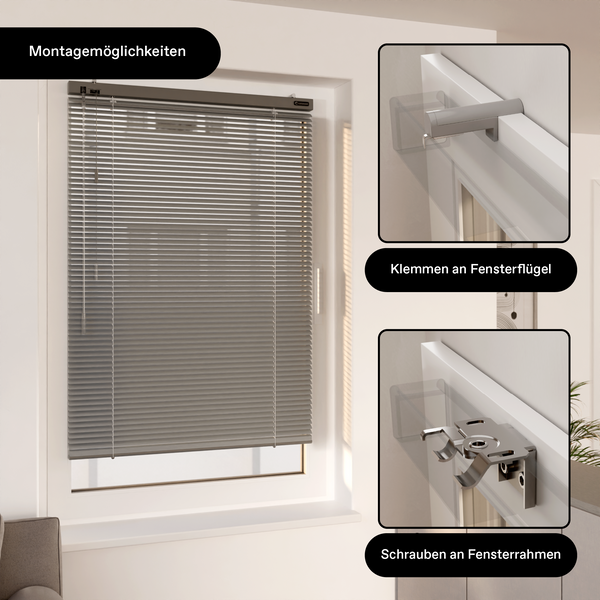 Innen Jalousie am Fenster dargestellt inklusive allen Montagearten (Klemmen und Schrauben)