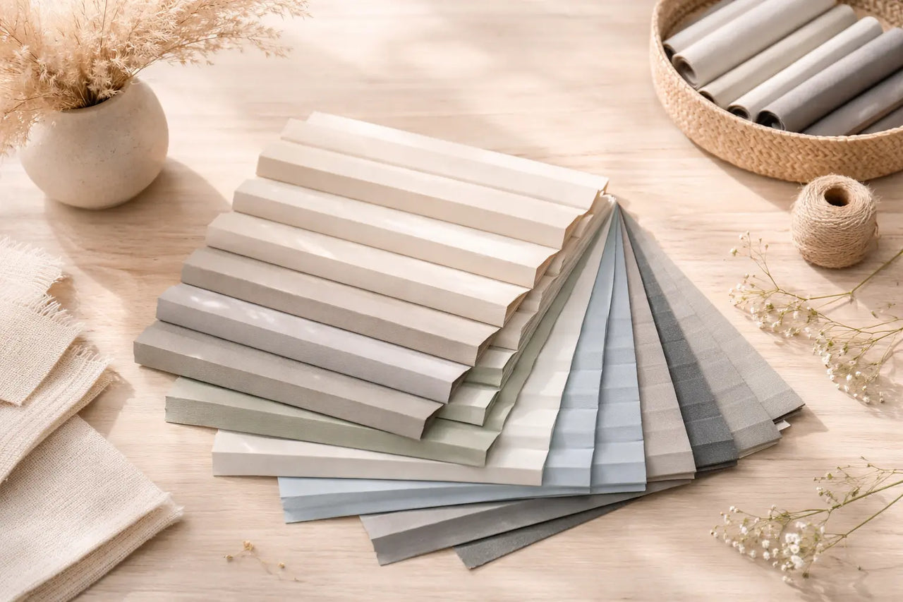 Plissee Stoff Muster - alle Stoffe auf einem Leinenstoff aufgefächert